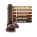 Chocolate-colored realistic dildo with suction cup base and features listed including body safe, fragrance free, latex free, soft feel, and harness compatible.