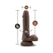 Chocolate-colored realistic dildo with suction base, measuring 6 inches long and 1.4 inches wide with 4.5 inches insertable length.