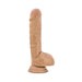 Realistic Latin tan dildo with textured shaft and suction cup base standing upright on white background