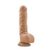 Realistic Latin tan dildo with textured shaft and suction cup base for hands-free use and harness compatibility.