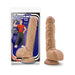 Realistic Latin tan dildo with suction cup base shown in and out of packaging with fitness-themed design.