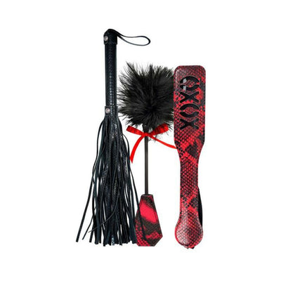 Lovers Kits set with black faux leather whip, red snake print paddle, and feather tickler with red bow on white background.