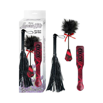 Lovers Kits Whip, Spank & Tickle set with black faux leather whip, red snake print paddle, and feathered tickler with red ribbon.