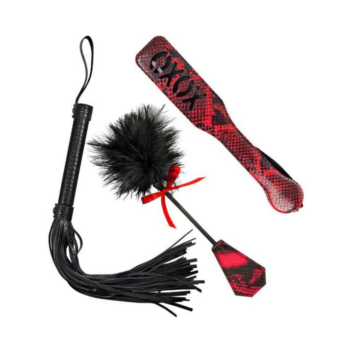 Lovers Kits Whip, Spank & Tickle set with black faux leather whip, red snake print paddle, and feathered tickler with red bow.