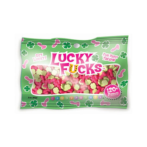 Lucky Fucks 3oz bag of novelty candy prints with pink and green shapes in a green clover-themed package
