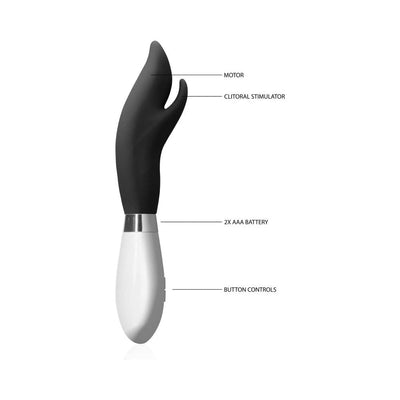 Black and white Luna Athos vibrator with labeled motor, clitoral stimulator, battery compartment, and button controls.