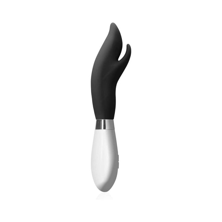 Black and white ergonomic silicone personal massager with dual curved tips and sleek handle design.