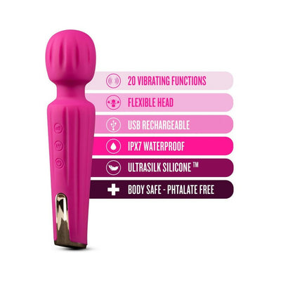 Pink Blush Lush Allana wand vibrator with flexible head and feature icons highlighting 20 vibration modes, USB recharge, and waterproof design.