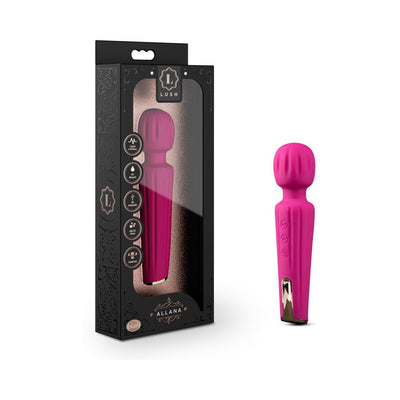 Pink Blush Lush Allana wand vibrator with flexible head and control buttons, shown with black decorative packaging.