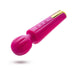 Pink handheld wand massager with flexible rounded head and gold accent, featuring three control buttons on the handle.