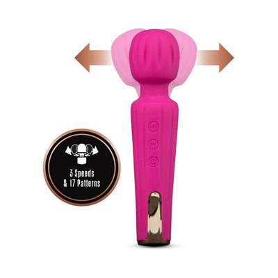 Pink flexible head wand vibrator with three buttons and gold accent, showing side-to-side motion and 3 speeds with 17 patterns.