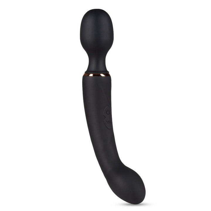 Black dual-ended massager with a rounded wand head and curved G-spot stimulator, featuring a smooth matte finish.