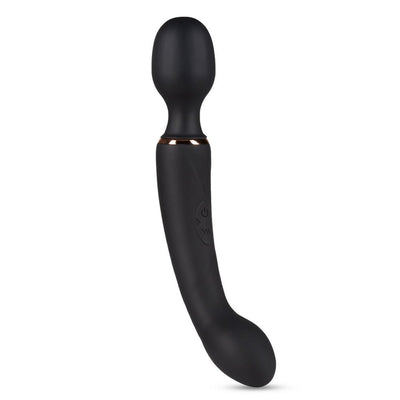 Black dual-ended massager with a rounded wand head and curved G-spot stimulator, featuring a smooth matte finish.