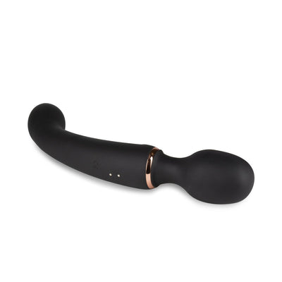 Sleek black dual-ended massager with curved design and smooth silicone finish, featuring rose gold accent ring.