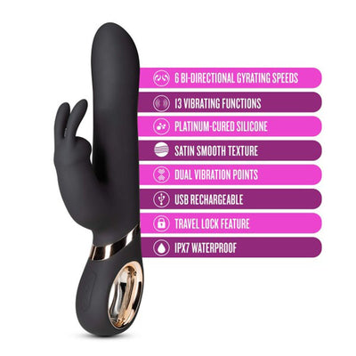 Black silicone rabbit vibrator with dual motors, USB rechargeable, waterproof, and multiple vibration and gyration settings.