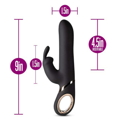 Black Blush Lush Victoria rabbit vibrator with ergonomic design and detailed size measurements shown.