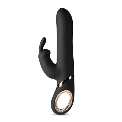 Black sleek rabbit vibrator with ergonomic handle and rose gold accent ring on white background