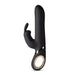 Black sleek rabbit vibrator with ergonomic handle and rose gold accent ring on white background