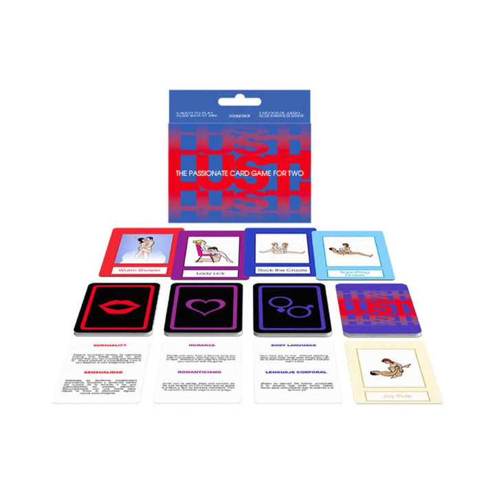 Lust Card Game packaging with colorful illustrated cards and category decks for couples to explore romance and intimacy.