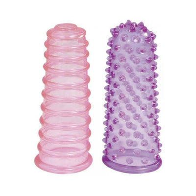 Two textured finger sleeves in pink ribbed and purple nubby designs, made from soft translucent material.