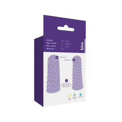Packaging of Kinx Lust Finger Sleeves showing two textured purple silicone sleeves with nubs and ribs, highlighting size and material details.