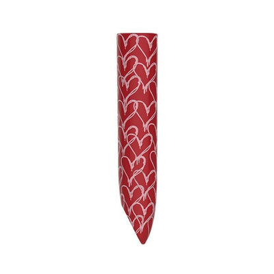 Red bullet vibrator with white heart patterns and a tapered tip for discreet pleasure.