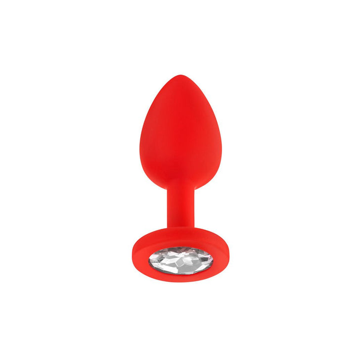 Red silicone small plug with a clear jeweled base, designed for comfortable and stylish use.