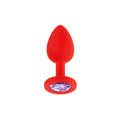 Red silicone small plug with a purple jeweled base, designed for comfort and style.
