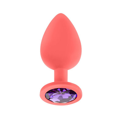 Coral silicone large plug with a purple jeweled base, smooth tapered design for comfortable use.