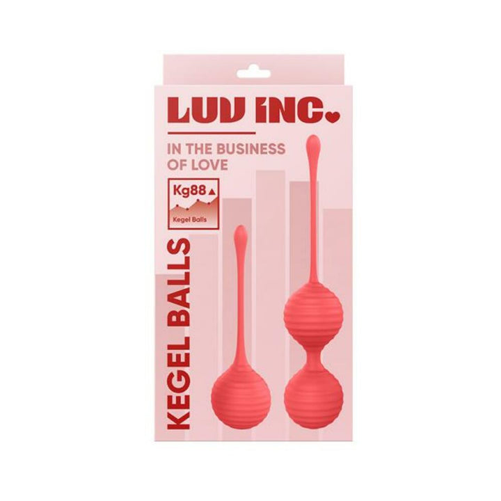 Coral-colored Luv Inc KG88 Kegel Balls set with textured silicone and retrieval loops in retail packaging.