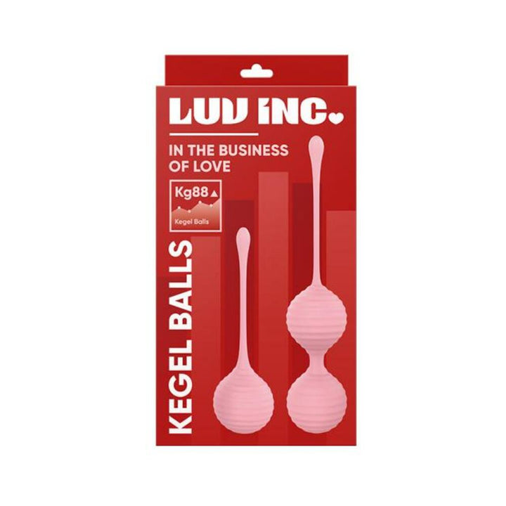 Luv Inc KG88 light pink textured silicone kegel balls set with single and double ball designs on red packaging.