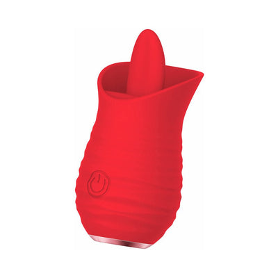 Compact red silicone tongue flickering vibrator with textured grip and power button.