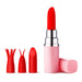 Light pink lipstick-shaped vibrator with three interchangeable red silicone heads on white background.