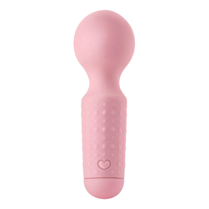 Compact pink silicone mini wand massager with textured grip and flexible head for targeted vibration.