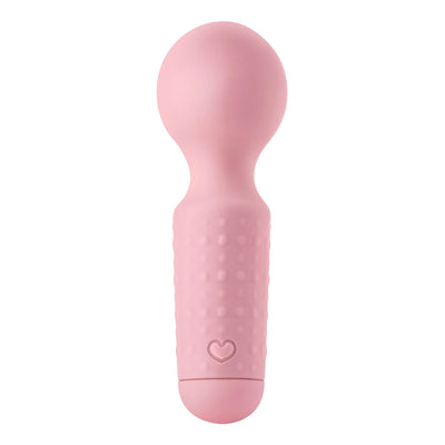Compact pink silicone mini wand massager with textured grip and flexible head for targeted vibration.