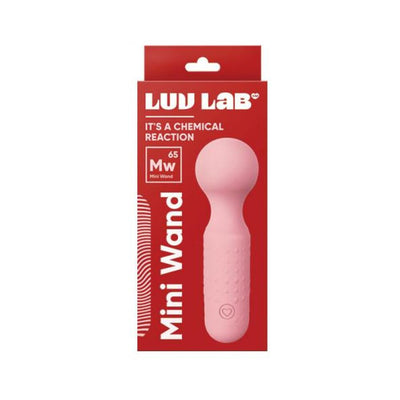 Pink silicone mini wand massager in red Luv Lab branded packaging with textured handle and heart-shaped button.