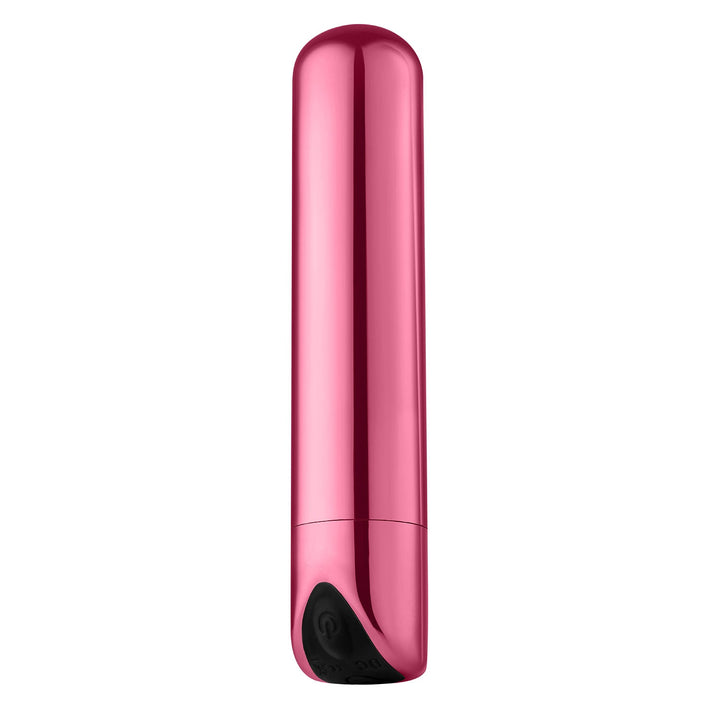 Compact shiny metallic light pink vibrating bullet with a smooth cylindrical design and black control button.