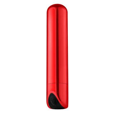 Compact 3.5-inch shiny red metallic mini bullet vibrator with single button control and USB charging port.