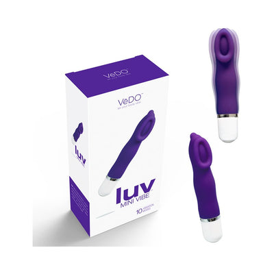 Purple silicone mini vibrator with cupped head and white base, shown with packaging box on white background.