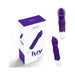 Purple silicone mini vibrator with cupped head and white base, shown with packaging box on white background.