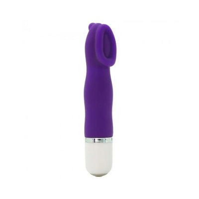 Purple silicone mini vibrator with cupped head and white base, designed for targeted stimulation and easy control.