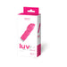 Packaging box of Luv Plus Rechargeable Bullet Vibrator in pink and white with product image and branding details.