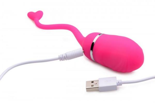 Pink silicone rechargeable remote control egg vibrator with USB charging cable and heart-shaped retrieval cord.