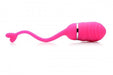 Pink rechargeable remote control egg vibrator with textured silicone surface and flexible retrieval cord.