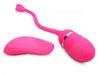 Pink rechargeable remote control egg vibrator with textured silicone surface and flexible retrieval cord.