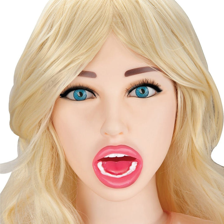 Close-up of a life-size blonde blow-up doll head with blue eyes and open mouth.