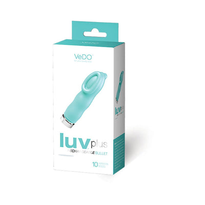 Packaging box of Luvplus Rechargeable Vibe in light teal with product image and key features displayed.