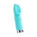 Compact turquoise silicone personal massager with cupped head and silver base ring, designed for discreet pleasure.