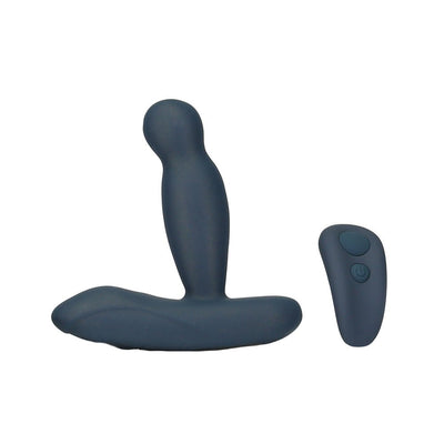 Black silicone rotating and vibrating anal massager with curved base and wireless remote control.