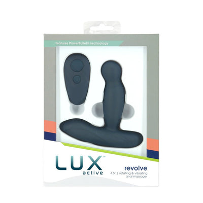 Lux Active Revolve 4.5-inch black rotating and vibrating silicone anal massager with remote in retail packaging.